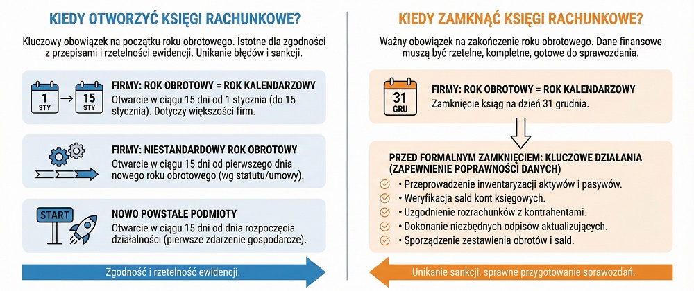 infografika - kiedy otworzyć i zamknąć księgi rachunkowe