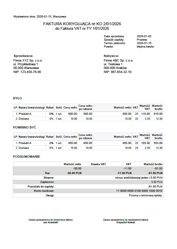 Przykład wzoru faktury korygującej